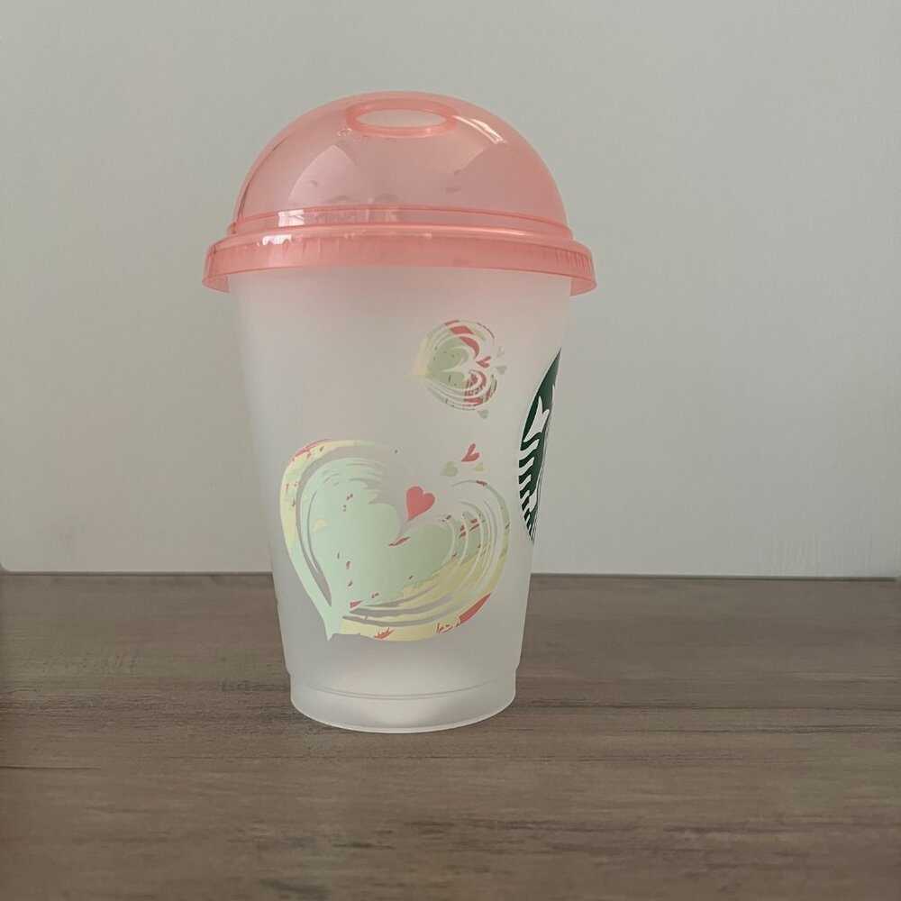 Starbucks Japan Pink Dome Lid Reusable Plastic Cold Cup - Marbled Hearts - Picture 5 of 8